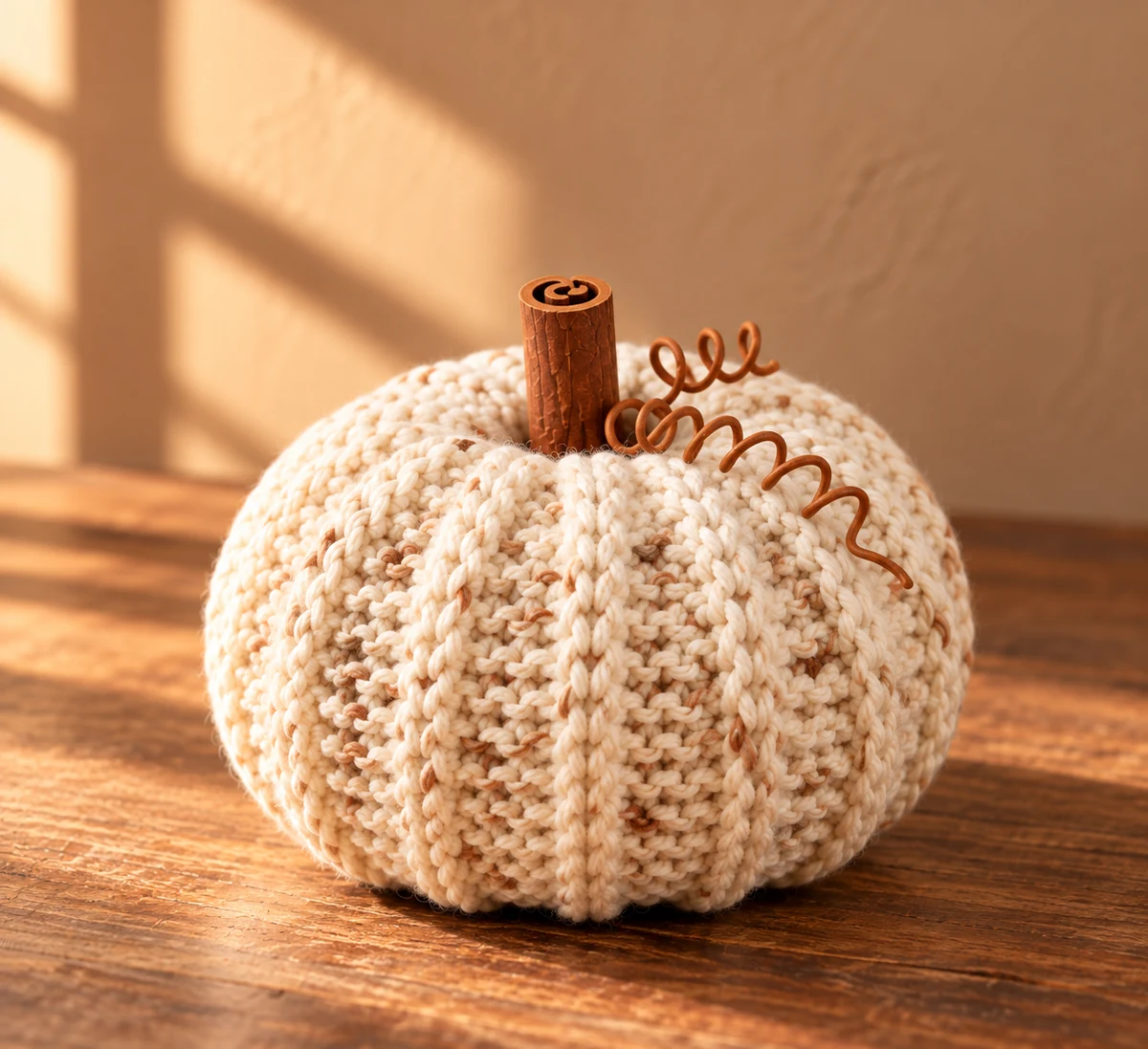 Beige handmade crochet pumpkin with a cinnamon-stick stem on a wooden surface in warm sunlight